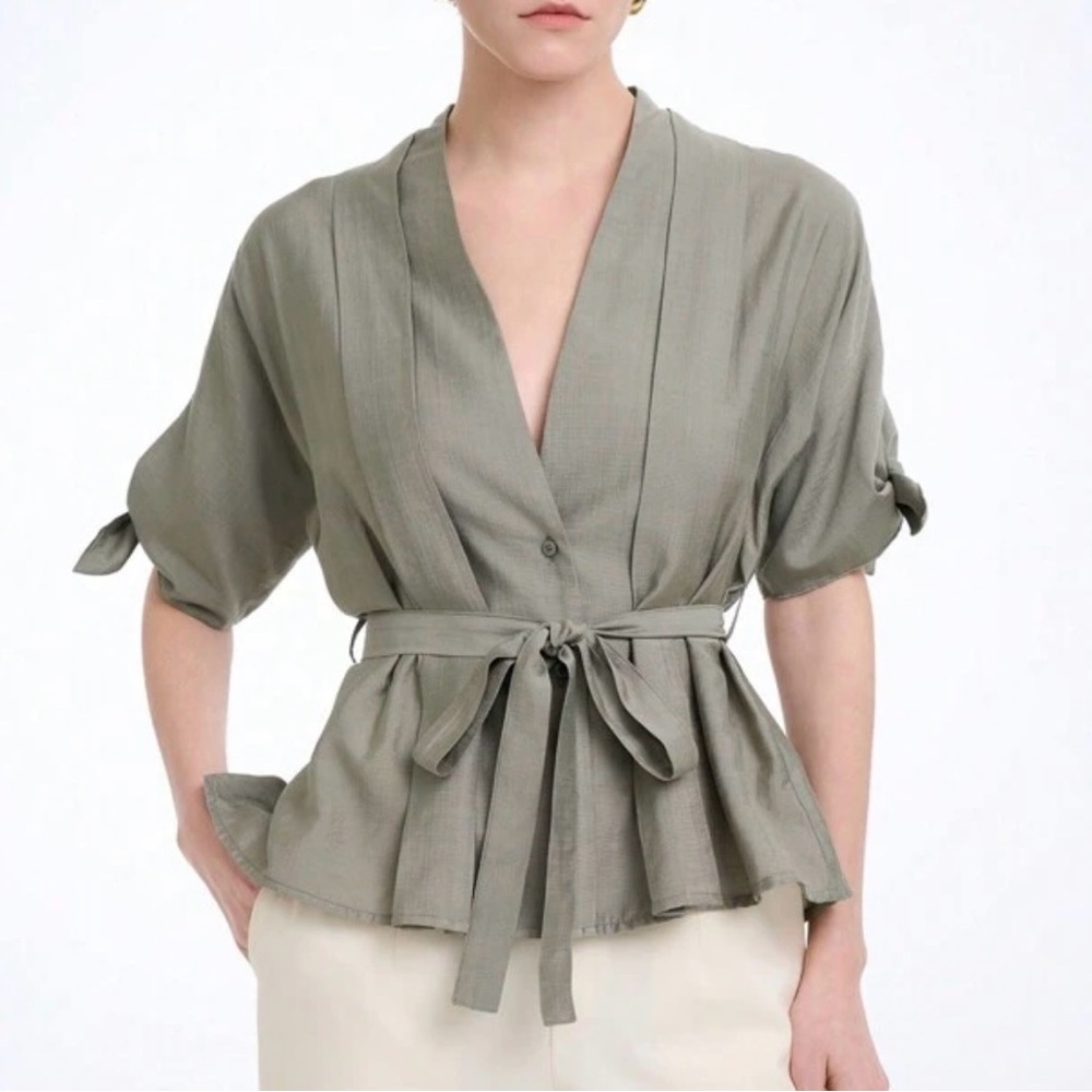 Elegant Olive Women's Blouse with Waist Tie